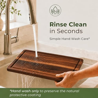 Acacia Wood Cutting Board Set of 3 with Holder, Juice Grooves & Built-in Handles - Durable, Wooden Cutting Boards for Kitchen, Perfect for Chopping, Food Prep and Serving as a Charcuterie