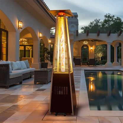 PATIOPIA 48,000 BTU Flame Pyramid Pool Heater With Cover, Triple Safety Protection Portable Patio Heater with Patio Cover, Warm Glass Tube with Durable Wheels-Brown