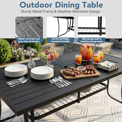 SAILARY 9 Pieces Patio Dining Set for 8, Large 77" Outdoor Metal Table with Universa Umbrella Hole & Stackable Iron Chairs, Patio Furniture Set for Deck, Backyard, Yard, Porch