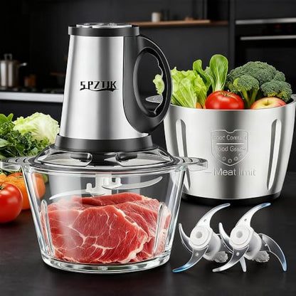 SPZTJK 3-Speed Electric Food Processor: Meat Grinder, Vegetable Chopper & Baby Food Maker - 300W, 2 Bowls (8 Cup Stainless Steel+8 Cup Glass), Quiet Operation