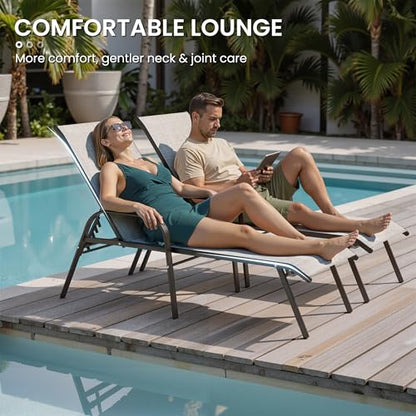 Chaise Lounge Chair Outdoor, Pool Chairs Set of 2 with Armrests (Beige)