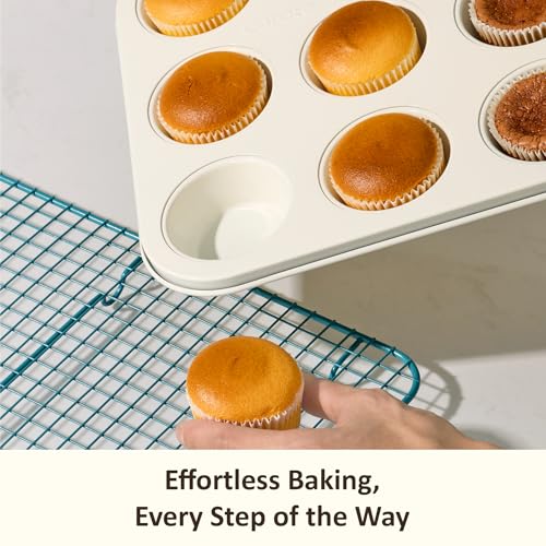 CAROTE 7-Piece Ceramic Baking Pans Set, Aluminized Steel Bakeware Sets, Toxin-Free Nonstick Stackable Oven Pans with Cookie Sheet, Muffin Pan, Loaf Pan, Roasting Pan, Cake Pans, Cooling Rack