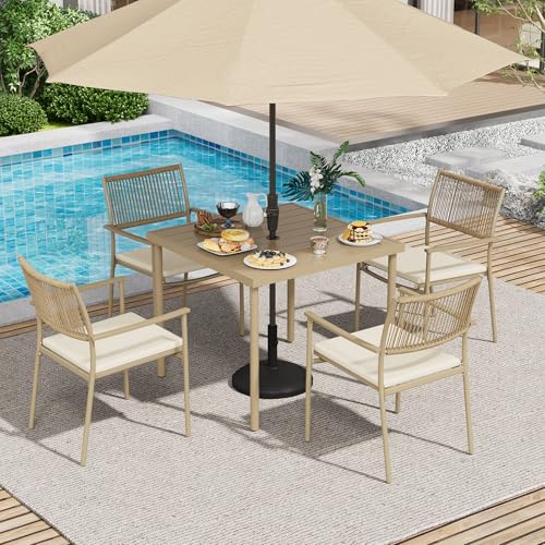 5-Piece Outdoor Dining Set for 4, Rectangle Expandable Table with Umbrella Hole, 4 Wicker Rattan Chairs with Soft Cushion,Patio Dining Set, Conversation Set for Backyard, Garden & Poolside, Beige