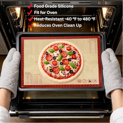LYCIAN WAY Silicone Pastry Mat with Measurements, 26 x 16 Inch Extra Thick Non-Slip Nonstick Large Baking Mat for Dough Rolling, Kneading, Fondant and Pie, Red