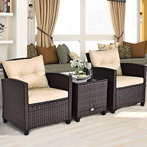 Tangkula 3 Pieces Patio Furniture Set, PE Rattan Wicker 3 Pcs Outdoor Sofa Set w/Washable Cushion and Tempered Glass Tabletop, Conversation Furniture for Garden Poolside Balcony (Beige)