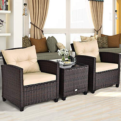 Tangkula 3 Pieces Patio Furniture Set, PE Rattan Wicker 3 Pcs Outdoor Sofa Set w/Washable Cushion and Tempered Glass Tabletop, Conversation Furniture for Garden Poolside Balcony (Beige)