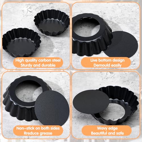 Yolev 24 Pcs Mini Pie Tart Pans 3" with Removable Bottom Round Nonstick Quiche Pan Bakeware Egg Tart Molds Fluted Side Small Quiche Pans Steel Mini Pie Tins for Pies Mousse Cheese Cake Dessert