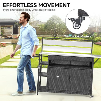YITAHOME XL Outdoor Kitchen Island, Outdoor Bar Table & Storage Cabinet, Wheels and Stainless Steel Extended Table Top, Side Handle for Patio Kitchen or Bar Cart, Dark Brown