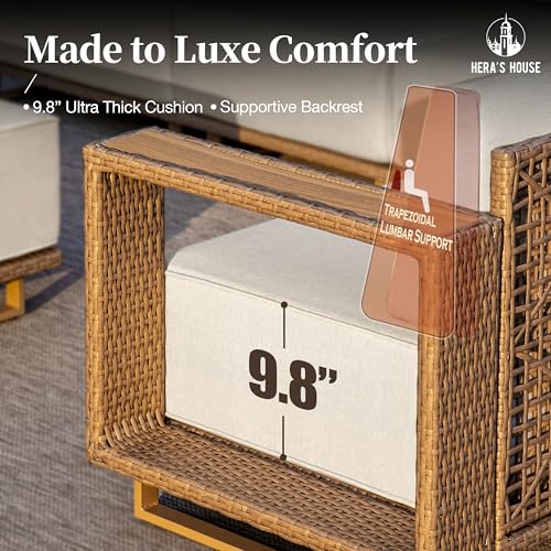 HERA'S HOUSE 6 Pieces Sectional Patio Furniture Set, Outdoor Modular Couch Sofa Set with 10" Thick Cushion, 5.3" Wide Arm, Low Profile All Weather Yellow Rattan Conversation Sets for Deck Yard Lawn