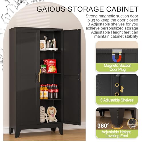 GAIOUS Metal Storage Cabinet With 2 Doors and 3 Adjustable Shelves, Black Kitchen Pantry for Food, Utility Cabinet for Laundry Room, Cupboard