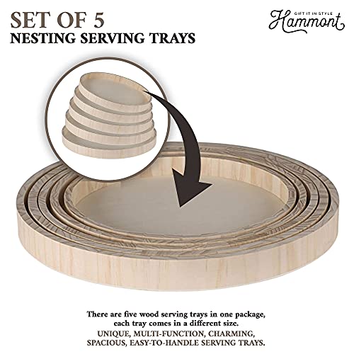 Wooden Round Trays for Serving - Five Piece Nested Breakfast Tray - Wood Crafts Trays for Organizing & Catering
