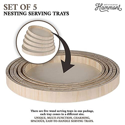 Wooden Round Trays for Serving - Five Piece Nested Breakfast Tray - Wood Crafts Trays for Organizing & Catering