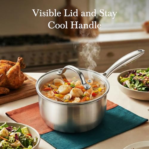Idymere Tri-ply Stainless Steel Pot - 1.5 Qt & 2.5 Qt Heavy Duty Sauce Pan with Lid, Nonstick Stainless Steel Cookware Set Cooking Pot, Multipurpose Saucepan with Stay Cool Handle