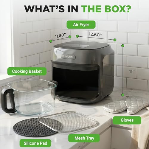 NutriChef Family Size 7.5 Quart Air Fryer | 6 Preset Cooking Modes | Glass Fry Bowl for Best Cooking | 360° Air Circulation | Cook Veggies, Steak, Fries, Seafood, Chicken & More | Gray