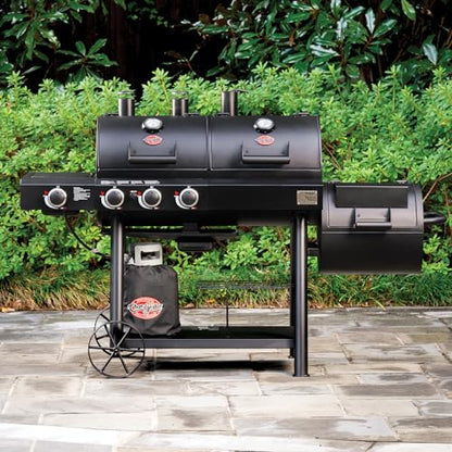 Char-Griller® Texas Trio 3-Burner Gas & Charcoal Grill and Smoker, Push Button to Ignite, Dual temperature Guages, Side Burner, Includes Side Firebox, 1,390 Cooking Square Inches, Black, Model# 3070