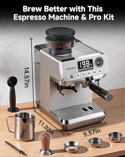 Espresso Machine with Grinder, 20 Bar Stainless Steel Espresso Coffee Machine, 44 Grind Settings, 0.1s Precision Timer, PID Control, Milk Frother for Latte, Cappuccino, Americano & Cold Brew
