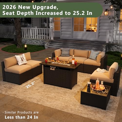 Aoxun 8 Piece Patio Furniture Set with 44” Fire Pit Table Wicker Patio Sectional Sofa Set Outdoor Seating Furniture with Thickened Cushion, Beige