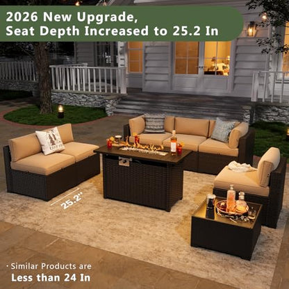 Aoxun 8 Piece Patio Furniture Set with 44” Fire Pit Table Wicker Patio Sectional Sofa Set Outdoor Seating Furniture with Thickened Cushion, Beige