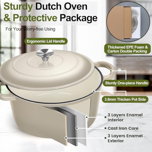 P&P CHEF 6QT Enameled Dutch Oven, Cast Iron Dutch Oven Pot with Lid for Bread Baking, Enameled Casserole Pot for Roasting Braising Stewing Frying Simmering, Various Stoves & Easy Clean, Khaki