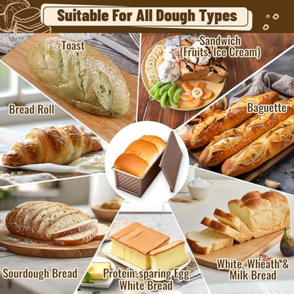 BAISHUN 3 Pack Pullman Loaf Pans with Lids, 2.2LB 1LB 0.5LB Bread Pans, Non-stick Carbon Steel Bread Pans for Homemade Sandwich and Baking Sourdough Bread, Corrugated Toast Mold, Golden