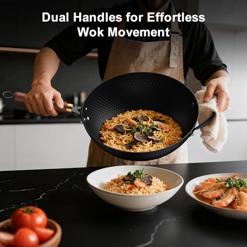Todlabe 13-Inch Carbon Steel Wok Pan with Glass Lid, Naturally Nonstick Pre-Seasoned Woks & Stir-Fry Pans, No Chemical Coating, Flat Bottom for Induction, Gas, Electric, Halogen & All Stoves
