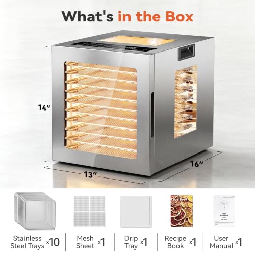 Manastin Food Dehydrator 10 Stainless Steel Trays 10 Presets, Silver