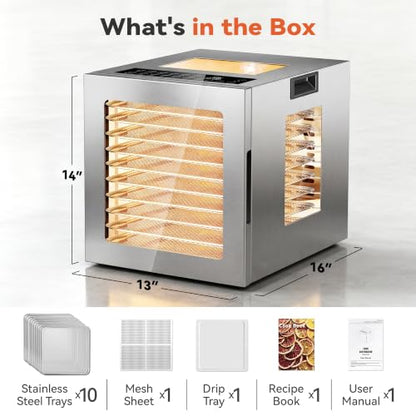 Manastin Food Dehydrator 10 Stainless Steel Trays 10 Presets, Silver