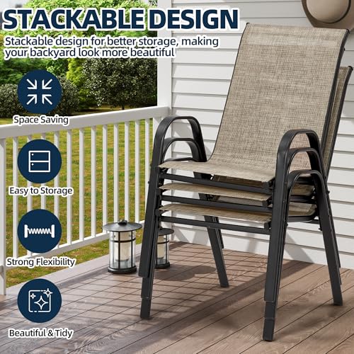 HOMREST 5 Piece Outdoor Patio Dining Table Set of 4,48" Round Metal Table with 4 Stackable Patio Chairs,All-Weather Patio Furniture Set with Umbrella Hole & Storage Shelf for Outside, Brown