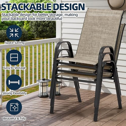 HOMREST 5 Piece Outdoor Patio Dining Table Set of 4,48" Round Metal Table with 4 Stackable Patio Chairs,All-Weather Patio Furniture Set with Umbrella Hole & Storage Shelf for Outside, Brown