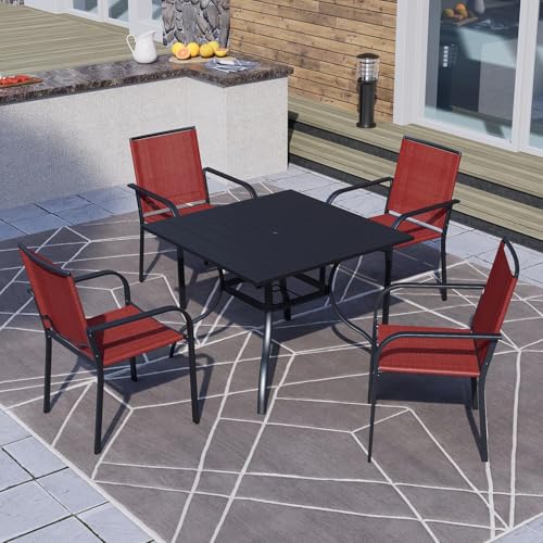 Anmutig 5 Piece Patio Dining Set, Outdoor Stackable Chairs and 35" Square Metal Patio Table with 1.57" Umbrella Hole for Garden Backyard Deck, Red