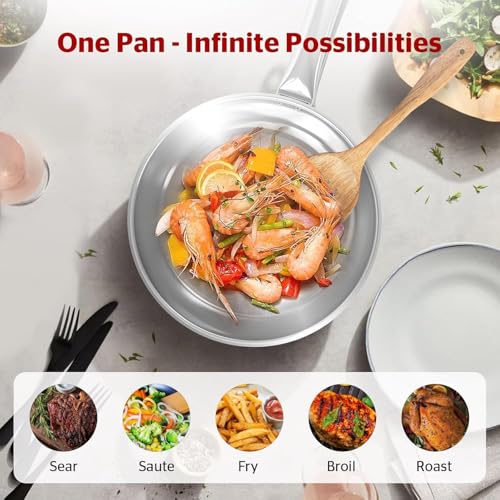 Sunhouse 18/10 Stainless Steel Pan 9 Inch, 3-Ply Clad No Coatings Frying Pan, Skillet with Stay-cool Handle, Oven and Dishwasher Safe, Induction Compatible