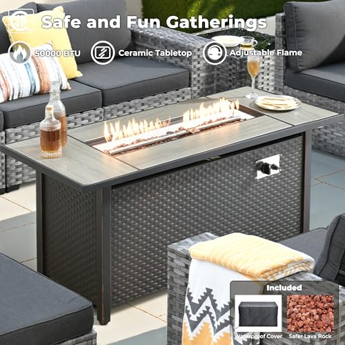 ovios 16 Pieces Patio Furniture Set, Outdoor Wicker Sectional Sofa Couch with 54" Fire Pit Table Swivel Chairs, Modern Modular Deep Seat Rattan Conversation Sets, Black