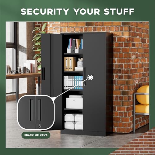 Greenvelly Metal Garage Storage Cabinet, 72” Locking Black Tool Steel Cabinet with Doors and 4 Shelves, Tall Metal Cabinets with Garage Storage Systems for Home Office, Kitchen/Pantry