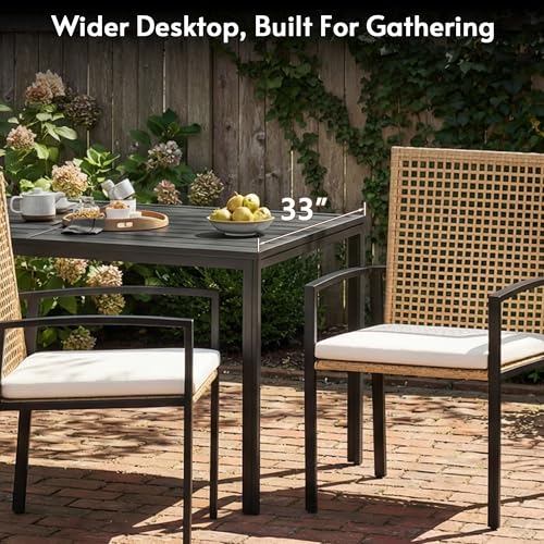 Rotihom 7-Piece Outdoor Dining Set for 6, Patio Dining Set with Hand-Woven Wicker Chairs & Cushions, 60" x 33" x 30" Wider Aluminum Woodgrain Table for Deck, Garden, Backyard