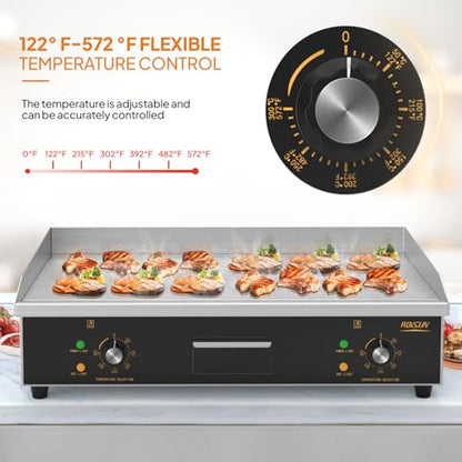 ROVSUN 30" Electric Countertop Flat Top Griddle, 3000W Electric Griddle, Teppanyaki Grill Stainless Steel with Adjustable Temperature Control 122°F-572°F for Commercial Home Restaurant, Plug