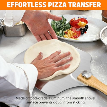 Pizza Peel and Pan Set, 6 Piece Pizza Oven Accessories, 12 Inch Metal Pizza Paddle with Foldable Wooden Handle, 8 Inch Metal Peel, Rocker Cutter, Server, Stainless Steel Plates and Tongs