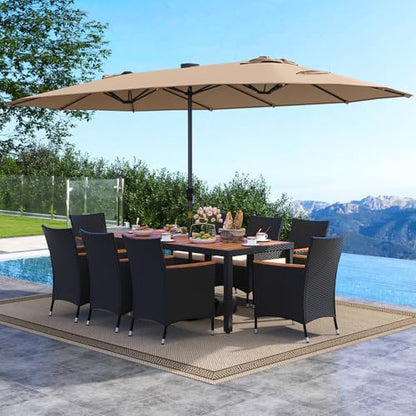 Tangkula 11 Pieces Patio Dining Set with Double-Sided Led Patio Umbrella (Base Included), with 8 Stackable Chairs, Acacia Wood Dining Table and Large Umbrella with Solar Lights (Coffee + Off White)
