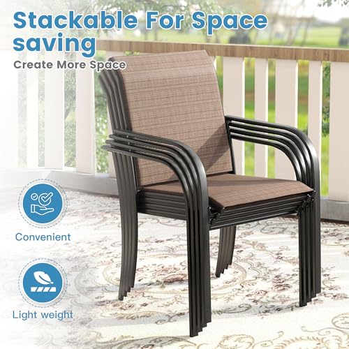 DIFY 11 Pieces Outdoor Patio Dining Set for 10, 60" Walnut Round Metal Dining Table and 10 Brown Stackable Sling Dining Chairs, Outdoor Table and Chairs for Lawn Garden Backyard Deck