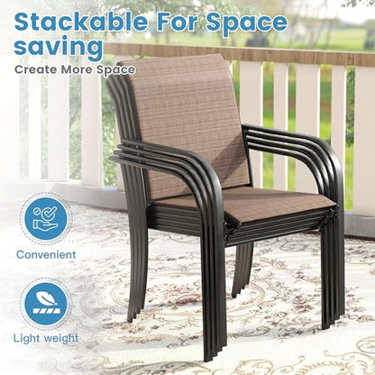 DIFY 11 Pieces Outdoor Patio Dining Set for 10, 60" Walnut Round Metal Dining Table and 10 Brown Stackable Sling Dining Chairs, Outdoor Table and Chairs for Lawn Garden Backyard Deck
