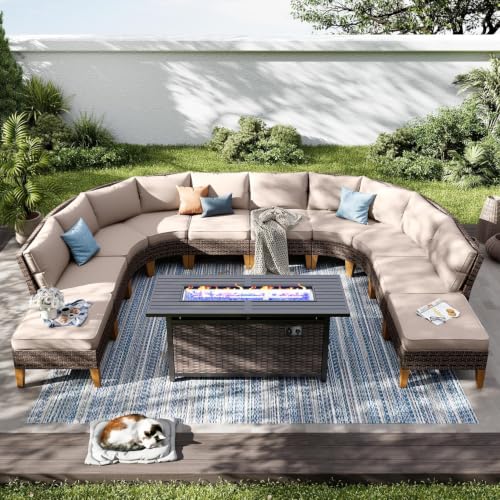 PHI VILLA 11-Piece Wicker Patio Furniture Set with 56" Fire Pit, Beige