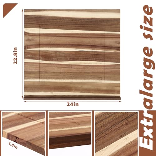 Vesici Large Wood Pastry Board with Lip for Rolling Dough, Acacia Reversible Tray with Engraved Measurements, Cutting & Kneading Board for Pizza & Bread, Kitchen Counter, 24 x 22.8 x 1.5 Inch