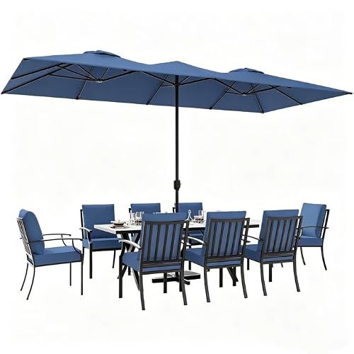 ALAULM 9-Piece Patio Dining Set with 14FT Patio Umbrella,Outdoor Dining Set with 8 Metal Chairs & Rectangle Table with1.5 Umbrella Hole, Patio Dining Table and Chairs for Backyard,Poolsid-DarkBlue