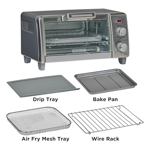 BLACK+DECKER Crisp 'N Bake Air Fry Countertop Convection Toaster Oven, Medium Capacity, 4-Slice, 5-in-1, Fits 9” Pizza, 30-Min Timer, Bake, Broil, Air Fry, Toast, Keep Warm, Stainless Steel