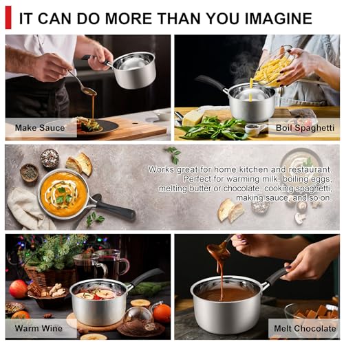 2 Quarts 18/10 Stainless Steel Saucepan, Joyfair Small Sauce Pan Milk Pot with Glass Lid for Cooking Stewing Boiling Spaghetti Soup, Extra Pan Wall & Heat-proof Bakelite Handle, Dishwasher Safe