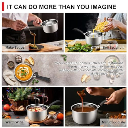 2 Quarts 18/10 Stainless Steel Saucepan, Joyfair Small Sauce Pan Milk Pot with Glass Lid for Cooking Stewing Boiling Spaghetti Soup, Extra Pan Wall & Heat-proof Bakelite Handle, Dishwasher Safe