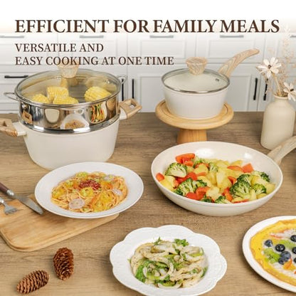 26Pcs Pots and Pans Nonstick Ceramic Cookware Set Nontoxic Kitchen Cooking Set with Steamers Utensils Induction Compatible, PFAS/PFOA Free, Oven and Dishwasher Safe, Cream White