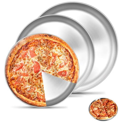 3Pack Stainless Steel Pizza Pan for Oven Personal Pizza Pans, 9 Inch, 10 Inch, 12 Inch Stainless Steel Pizza Pan Set, 3 Sizes Round Pizza Baking Pan for Pizza Cookies, Non-toxic and Durable,Oven Safe