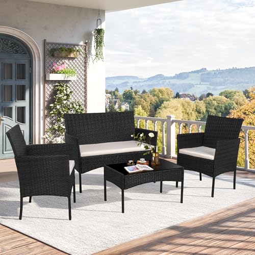 Shintenchi 4 Piece Outdoor Patio Furniture Sets, Small Wicker Patio Conversation Furniture Rattan Chair Set with Tempered Glass Coffee Table for Backyard Porch Garden Poolside Balcony,Black