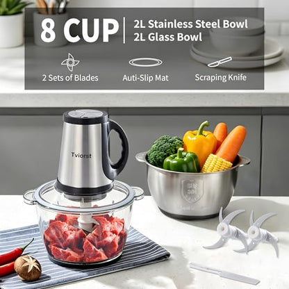 Tviorst Electric Food Processor, 3-Speed Food Chopper with Meat Grinder & Vegetable Chopper - 2 Bowls (8 Cup Stainless Steel+8 Cup Glass) with Powerful 300W Copper Motor, 2 Bi-Level S Blades
