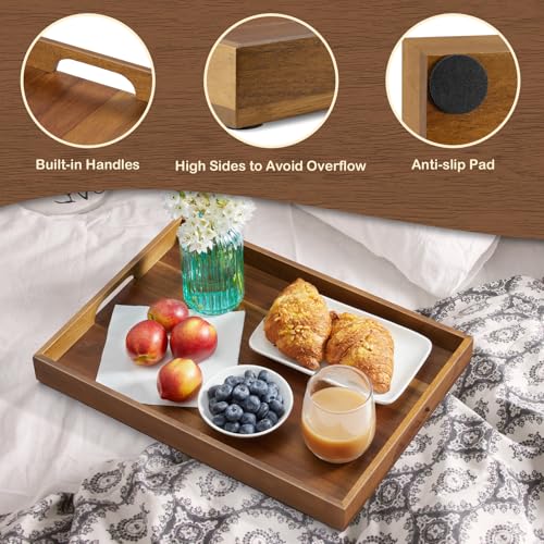 GCWSTJK 17 Inch Acacia Wood Serving Tray with Handles, Large Wooden Tray for Ottoman, Breakfast in Bed, Coffee Table, Dinner, Perfect for Living Room Bedroom Entryway and Kitchen